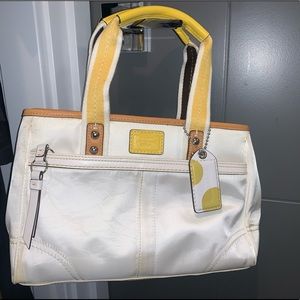 Coach handbag, yellow and white satin